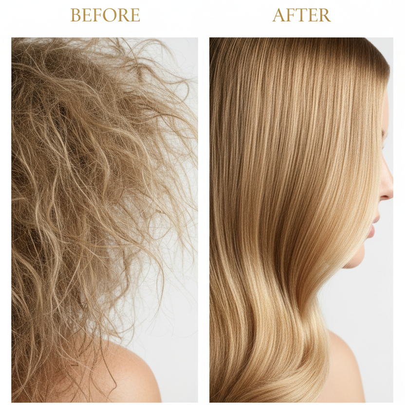 Frizzy hair transforming into smooth repaired shiny hair